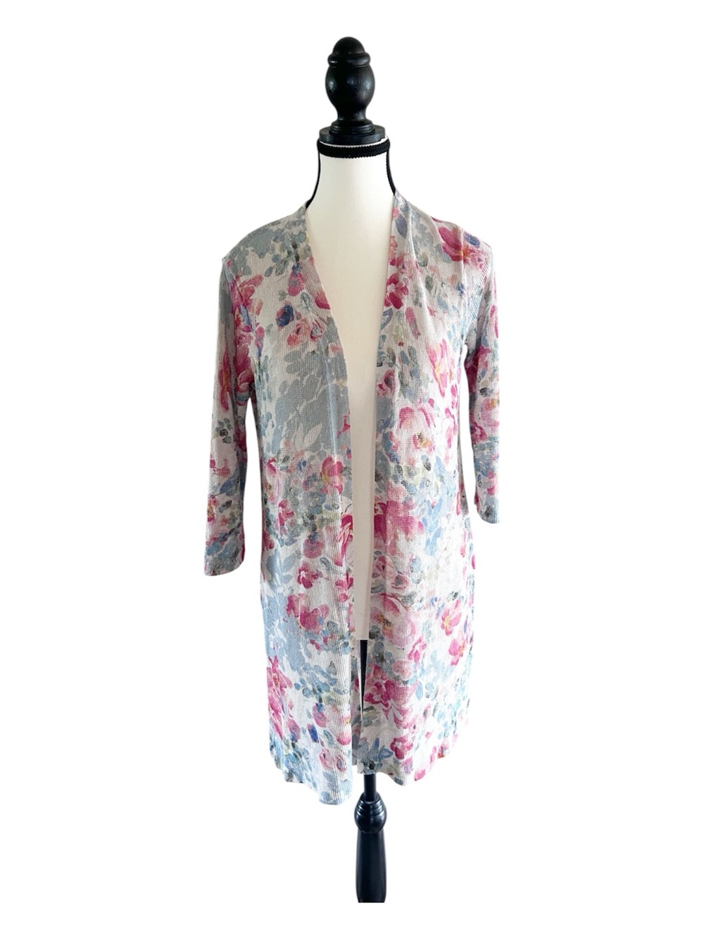 J Jill Linen Blend Cream Floral Open Front Longline 3/4 Sleeve Cardigan X-Small